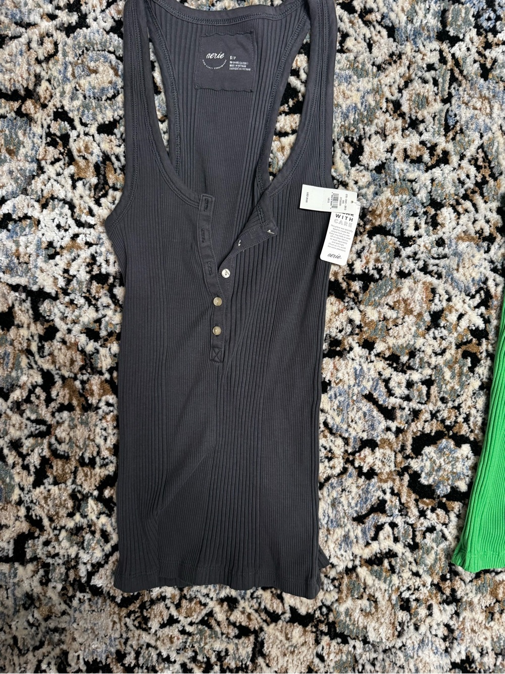 aerie Ribbed Henley Tank Top - Black